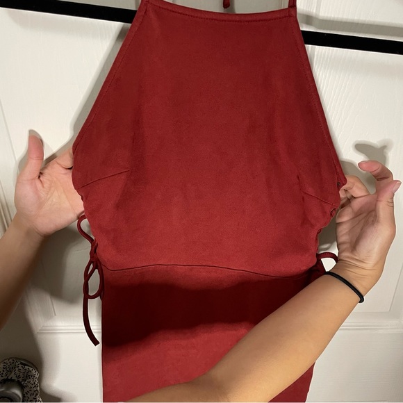 Burnt orange Forever 21 velvet dress with ties on side and top. - Picture 4 of 10